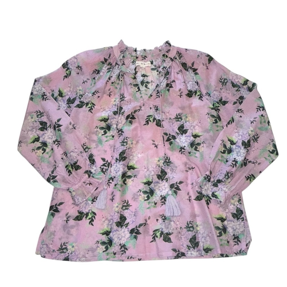 Roller Rabbit Pink Floral Tassel Tie Boho Peasant Top XS Cotton Silk Blend